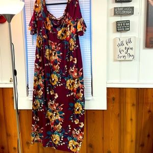 Off Shoulder Floral Dress: Maroon, Mustard, Coral